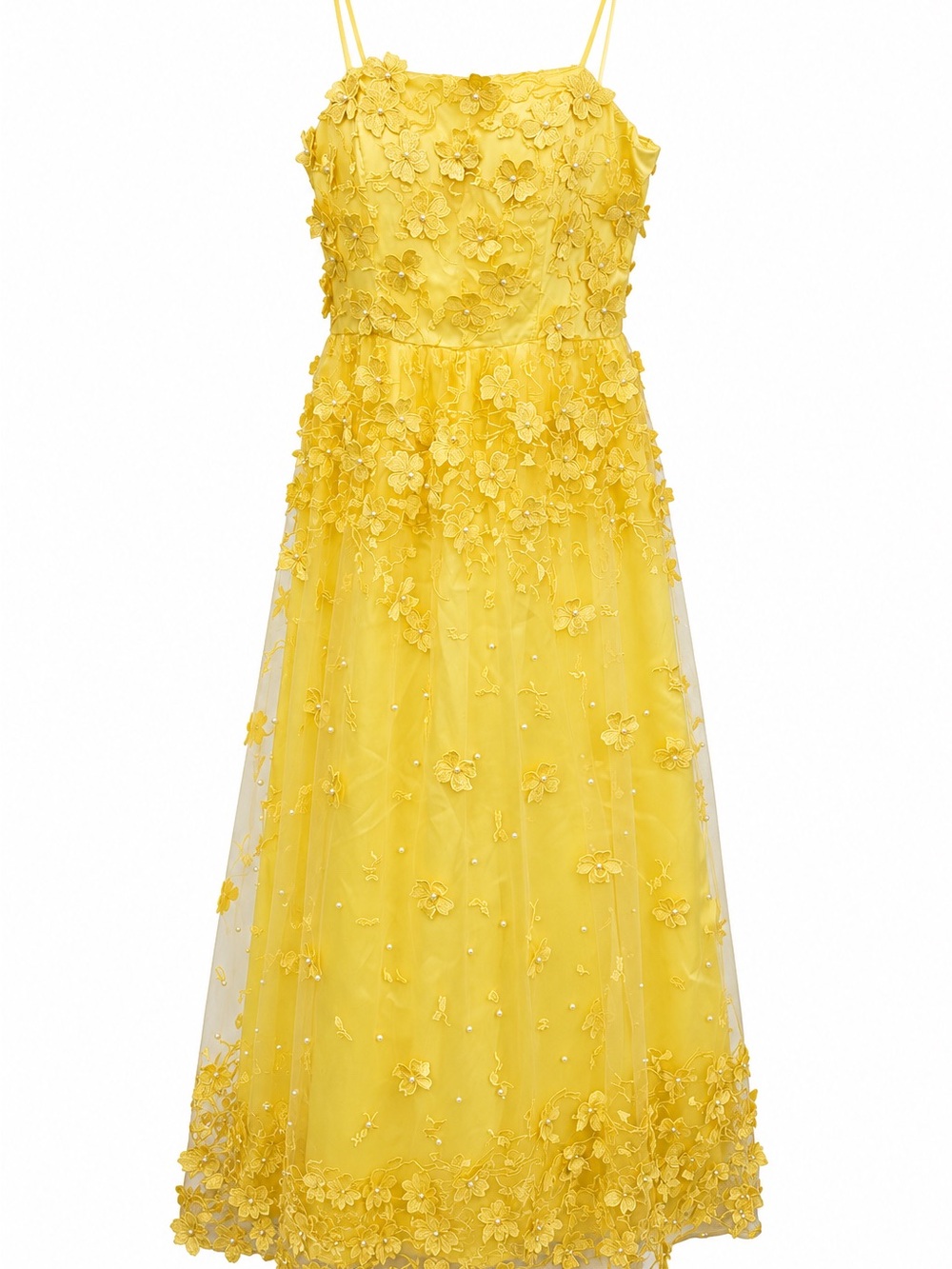 City Triangles Yellow Floral 3D-Appliqué Spaghetti-Strap Dress